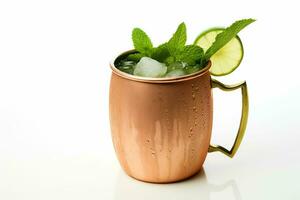 a copper moscow mule cocktail with lime and mint. ai generative photo