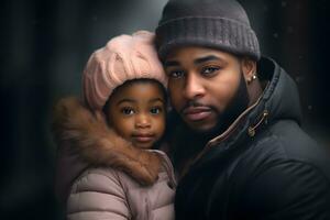 un negro hombre y un pequeño niña son posando para un foto. ai generativo foto