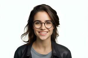 a woman with glasses smiling and looking at the camera. ai generative photo