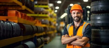 a smiling man in an orange vest standing in front of tires. ai generative photo