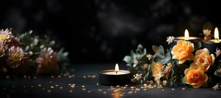 candles and flowers on a dark background, copy space. ai generative photo