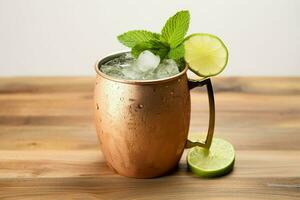 a copper moscow mule with lime and mint. ai generative photo