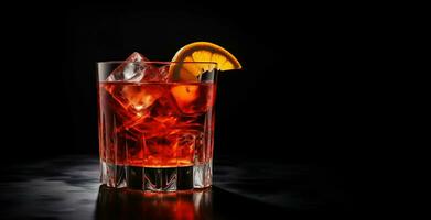 Glass of tasty alcoholic negroni cocktail with orange slice, copy space. ai generative photo