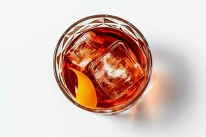 Glass of tasty alcoholic negroni cocktail with orange slice , top veiw. ai generative photo