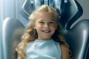 a young girl sitting in a dental chair smiling. ai generative photo