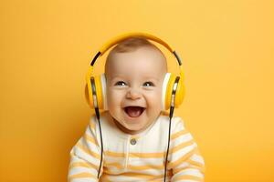 a baby wearing headphones and laughing. ai generative photo