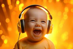 a baby wearing headphones and laughing. ai generative photo