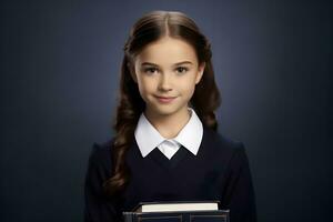 un joven niña en un colegio uniforme participación un libro. ai generativo foto