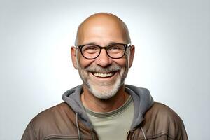 un calvo hombre con lentes y un barba sonriente. ai generativo foto