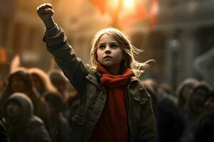 a young girl is holding up a fist in front of a crowd. ai generative photo