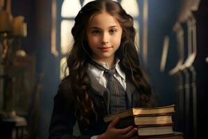 un joven niña en un colegio uniforme participación libros. ai generativo foto