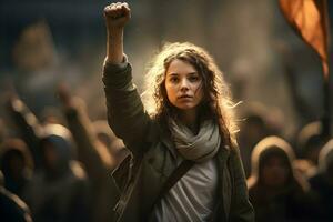 un mujer participación arriba un puño en frente de un multitud. ai generativo foto