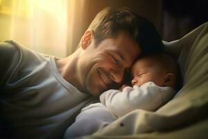 a man and a baby are smiling in bed. ai generative photo