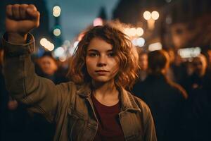 un mujer participación arriba un puño en el medio de un multitud. ai generativo foto