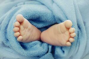 Newborn baby feet under blue blanket cover photo
