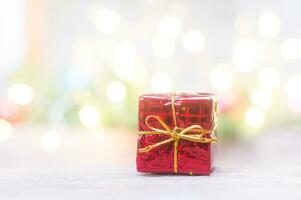 Close up of red gift box for Christmas or New Year decoration background photo