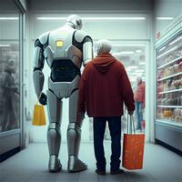 A modern android robot helps an elderly man shop in a supermarket. A Generative AI photo