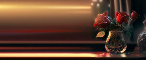 Vase with roses on the table. Background for Valentine's Day or Mother's Day. Generative AI. photo