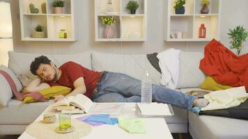 Lazy man falls asleep while doing work. video