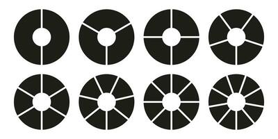 Circle division on 2, 3, 4, 5, 6, 7, 8, 9 equal parts. Infographic set. Wheel round divided diagrams with two, three, four, five, six, seven, eight, nine segments. Donut charts, pies. Vector graphic.