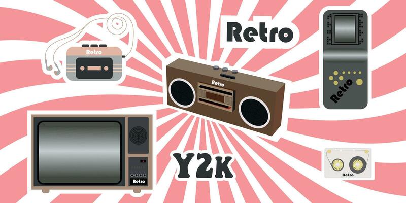 Set of retro music elements from the 90s, 80s, 70s. Clipart. Vector illustration for nostalgic music party, advertising post