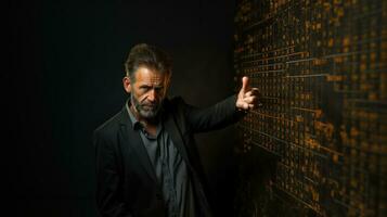 Teacher pointing at a blackboard. University professor master man explaining a topic. photo