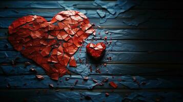 Broken two heart breakup concept separation and divorce. Red crumpled paper shaped as a torn love on old wood. photo