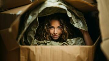 Personal spase concepts, uncomfortable Life. High angle view of beautiful young woman looking at camera while lying inside cardboard box. photo