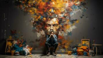 Portrait of sad man with a painted face in a room. Abstract low poly, pop art. photo