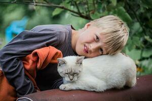 Smiling boy put head on back of cat. Friendship between child and pet. Animal care photo