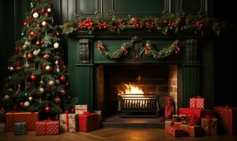fireplace nearby Christmas tree fluffy with toys new year background AI Generated photo