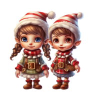 Sibling Wearing Santa and Elf Costume For Christmas Event Watercolor Style Ai Generative png