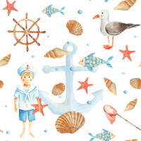 Watercolor sea seamless pattern with cute sailor boy, fishes, seagull, nautical anchor, red starfish, seashells, orange net, wooden steering wheel and water bubbles. Hand drawn illustration. png