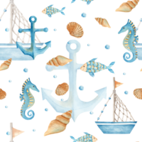acuarela mar sin costura modelo con linda juguete bote, barco, peces, caballo de mar, náutico ancla, conchas marinas y agua burbujas mano dibujado ilustración. para tela, textiles, bebé ropa, fondo de pantalla png