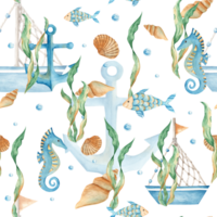 Watercolor under the sea hand drawn seamless pattern with cute ship, boat, fishes, seahorse, nautical anchor, seaweeds, seashells and water bubbles. For fabric, textiles, baby clothes, wallpaper png