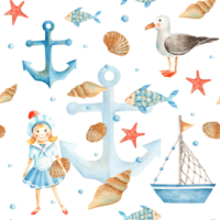 Watercolor sea seamless pattern with cute sailor girl, boat, ship, fishes, seagull, nautical anchor, red starfish, seashells and water bubbles. Hand drawn illustration. For fabric, textiles png