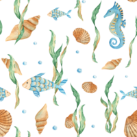 Aquarell unter das Meer Hand gezeichnet nahtlos Muster mit süß Fisch, Algen, Seepferdchen, Muscheln und Wasser Blasen. zum Stoff, Textilien, Baby Kleidung, Hintergrund, Marine Design. png