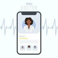 móvil aplicación con hembra oscuro piel médico en el teléfono inteligente pantalla. medicina en línea consulta bandera concepto. vector