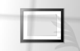 Mockup black frame photo on wall. Mock up artwork picture framed. Horizontal border with shadow, with shadow. Empty A4 photo frame. Modern stylish 3d. Design prints poster, letterhead, painting image vector