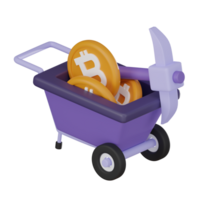 Cryptocurrency mining icon minecart, pickaxe, and bitcoin coins 3D render. png