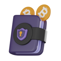 Secure bitcoin wallet crypto 3D icon and blockchain security 3d render png