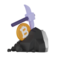 Cryptocurrency mining icon pickaxe and bitcoin coins 3D render. png