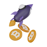 Bitcoin cryptocurrency with rocket launch - 3D render. png