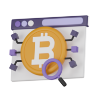 Bitcoin cryptocurrency analysis icon magnifying glass and coin 3D render png