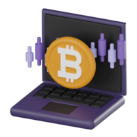 Cryptocurrency bitcoin coin with candlestick chart  on laptop computer 3D render png