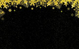 dorado reluciente copos de nieve con partículas en negro antecedentes. Navidad, nuevo año, día festivo, invierno, negro viernes. Copiar espacio foto