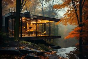 Exterior of a modern luxury house in the middle of autumn forest. AI Generative photo