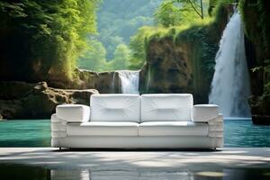 The concept of vacation and connection with nature. White comfortable modern sofa on the background of a waterfall. AI Generative photo