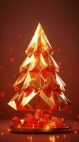 Elegant gold Christmas tree in low poly art on red background. AI Generative photo