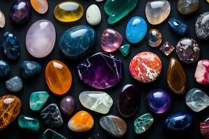 Top view of many different gems. Gemstones for jewelry, spiritual practices, meditations and relaxation. AI Generative photo